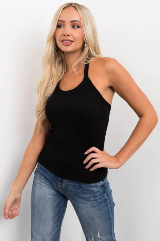 Black Ribbed Knit Scoop Neck Solid Tank Top sold by Lime Lush
