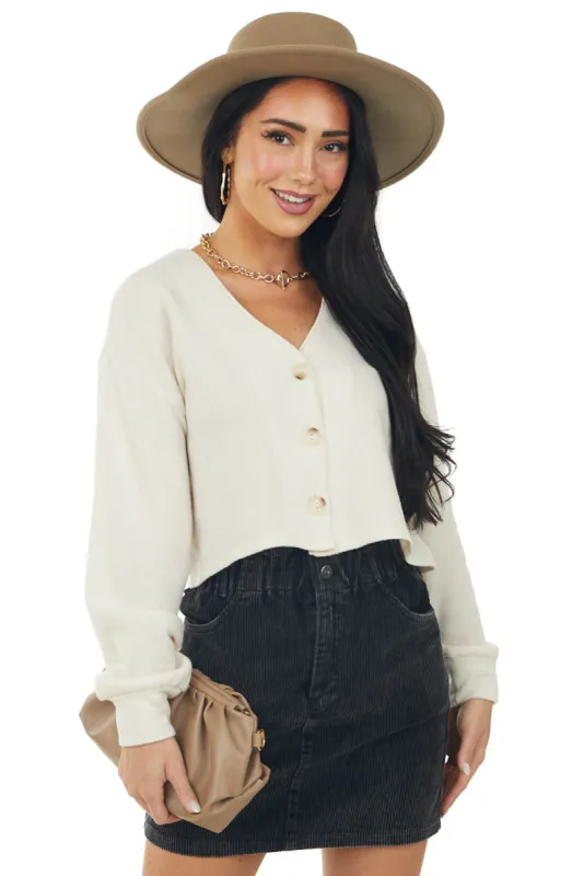 Cream Long Sleeve Button Down Cropped Cardigan sold by Lime Lush