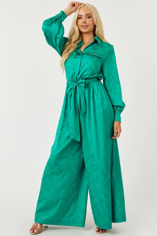 Flying Tomato Jade Leaf Jacquard Long Sleeve Satin Jumpsuit sold by Lime Lush