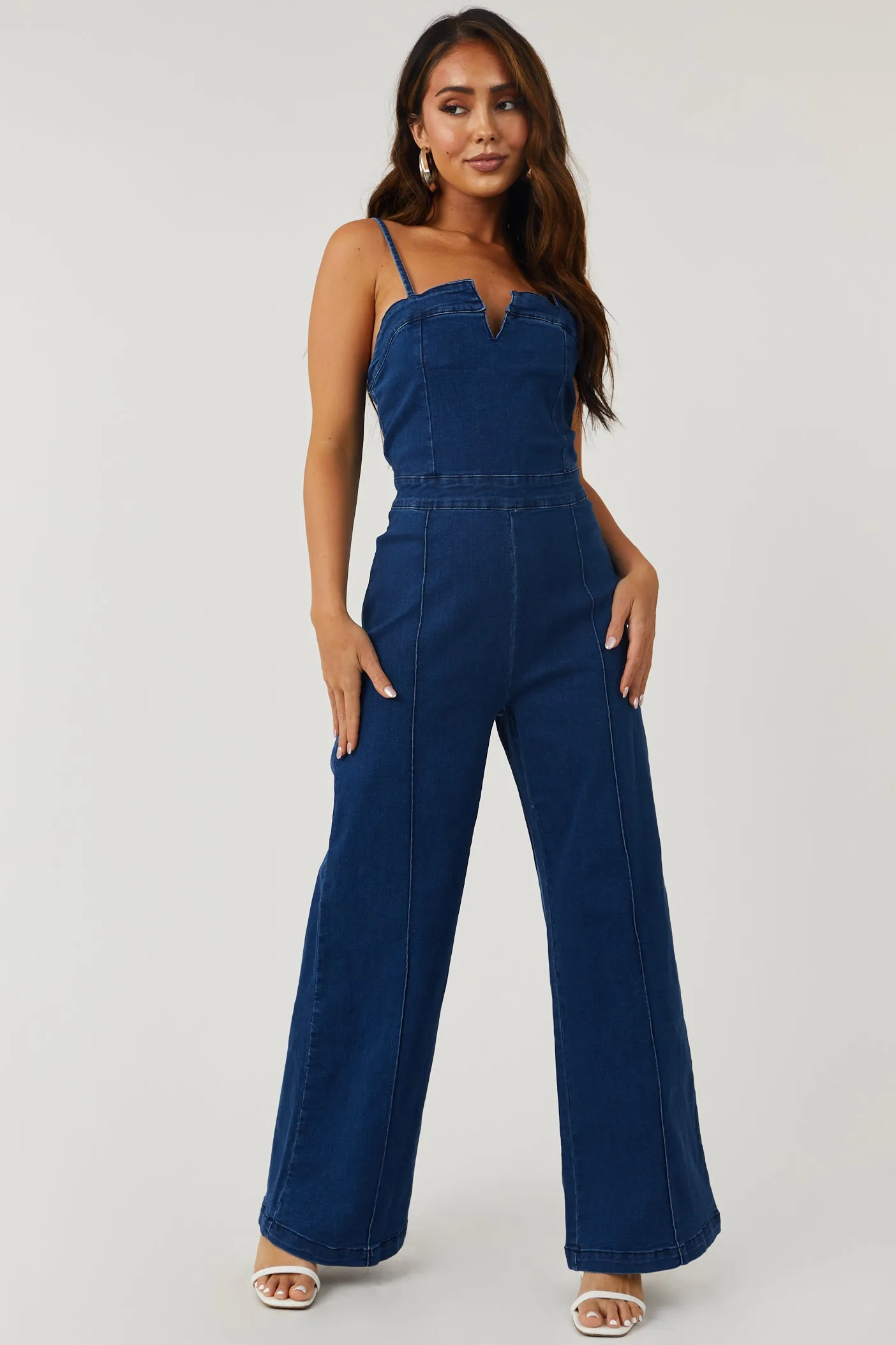 Dark Wash Notch Neck Stretchy Denim Jumpsuit sold by Lime Lush