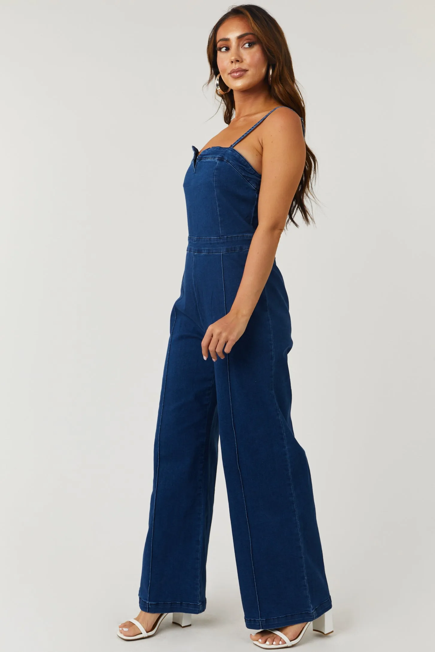 Dark Wash Notch Neck Stretchy Denim Jumpsuit sold by Lime Lush product image thumbnail 4
