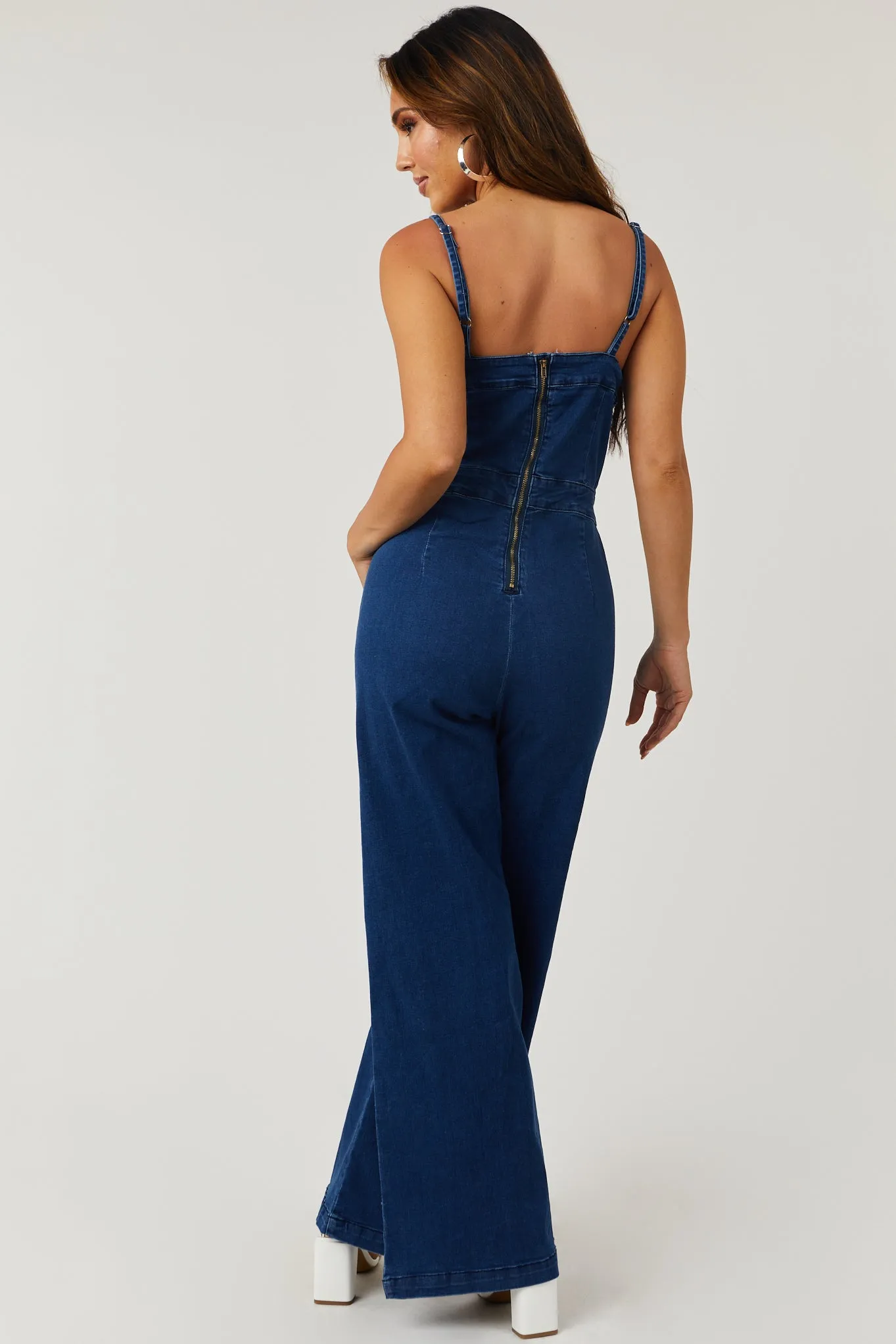 Dark Wash Notch Neck Stretchy Denim Jumpsuit sold by Lime Lush product image thumbnail 5