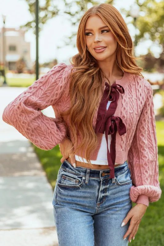 Dusty Rose Bow Tie Front Knit Cardigan sold by Lime Lush