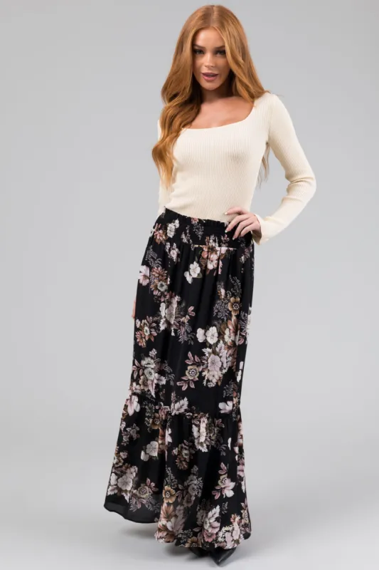 Black Floral Print Smocked Waist Maxi Skirt sold by Lime Lush