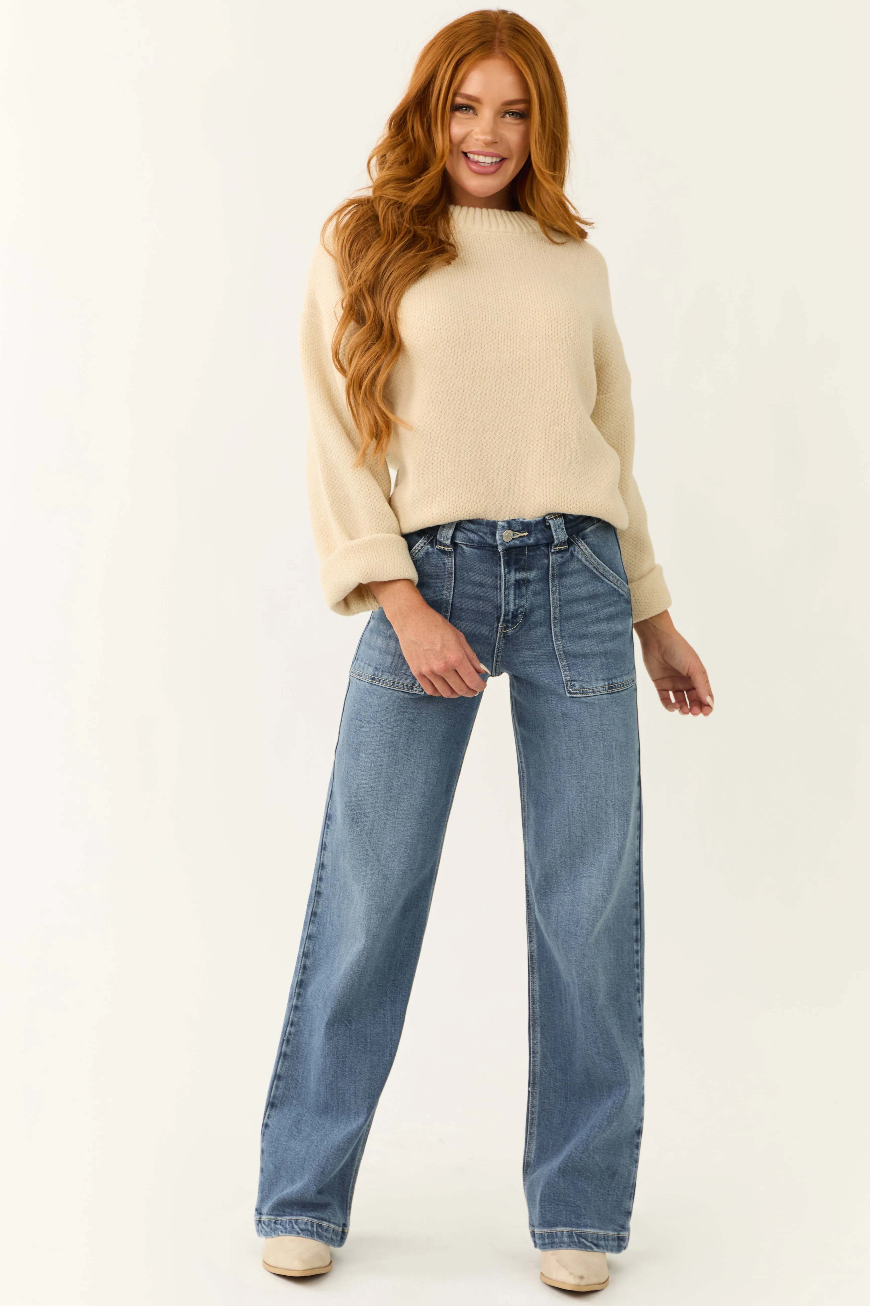 KanCan Medium Wash Wide Leg Slant Pocket Jeans sold by Lime Lush product image thumbnail 2