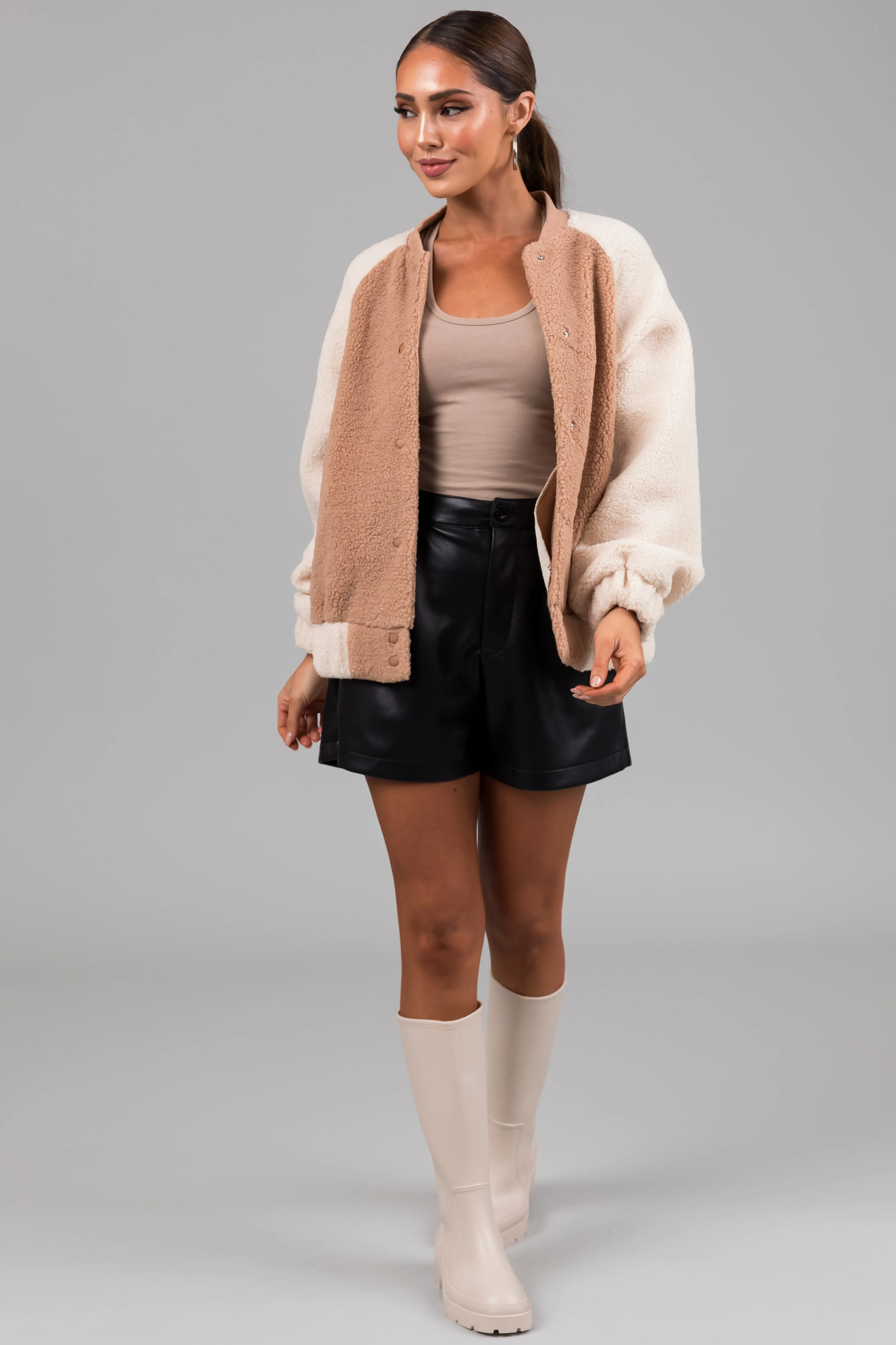 Latte and Cream Contrast Sherpa Bomber Jacket sold by Lime Lush product image thumbnail 4