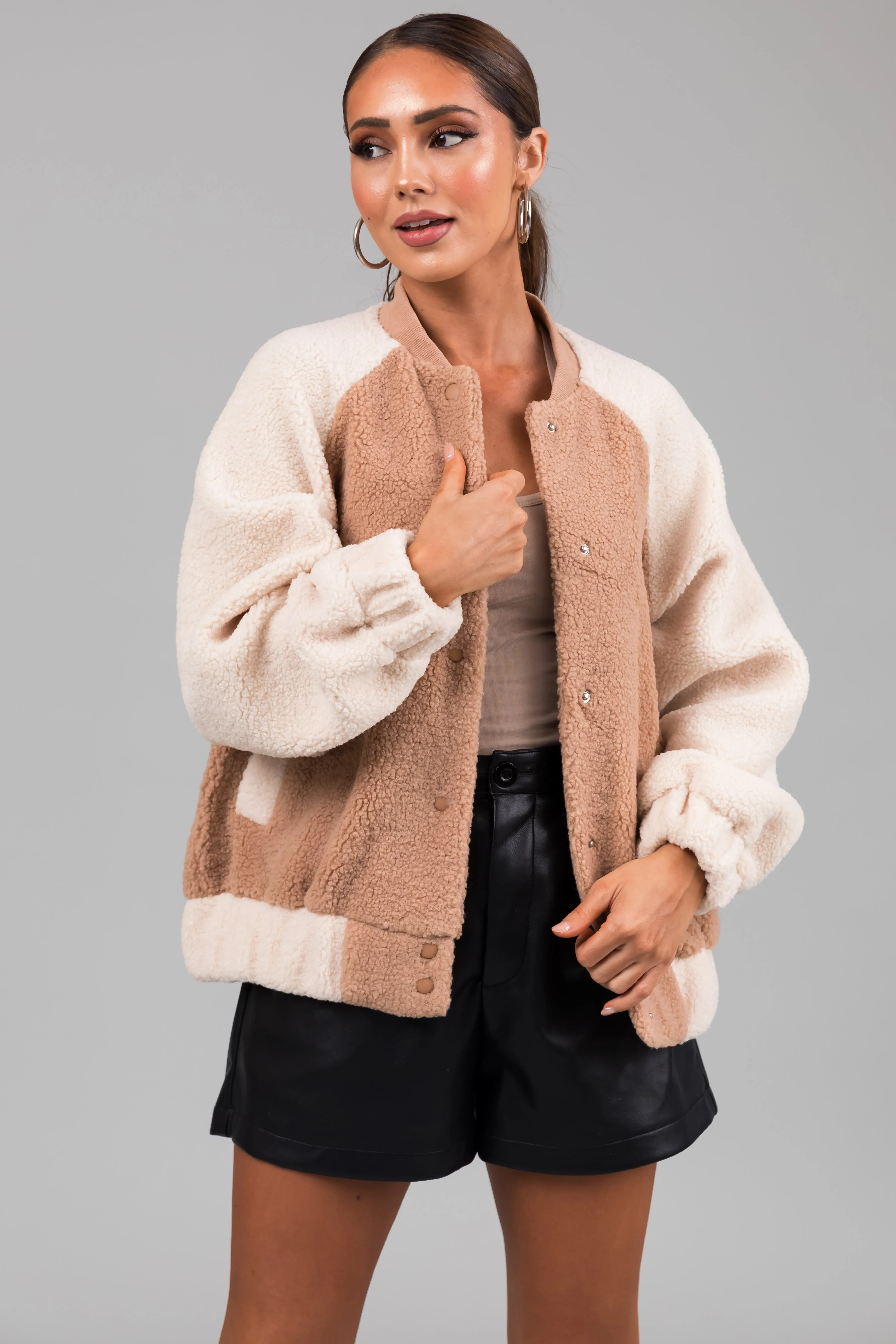 Latte and Cream Contrast Sherpa Bomber Jacket sold by Lime Lush product image thumbnail 2