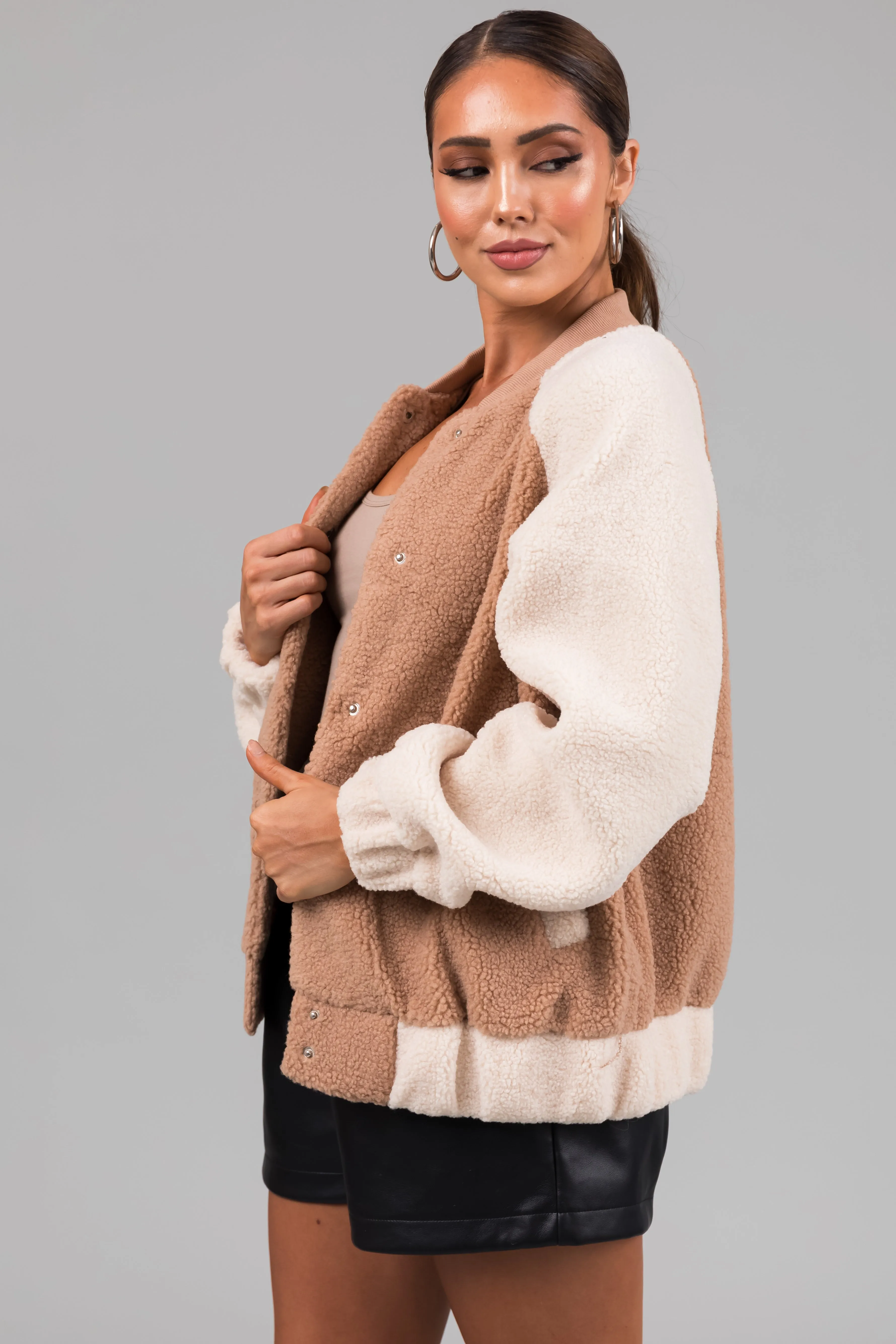 Latte and Cream Contrast Sherpa Bomber Jacket sold by Lime Lush product image thumbnail 5