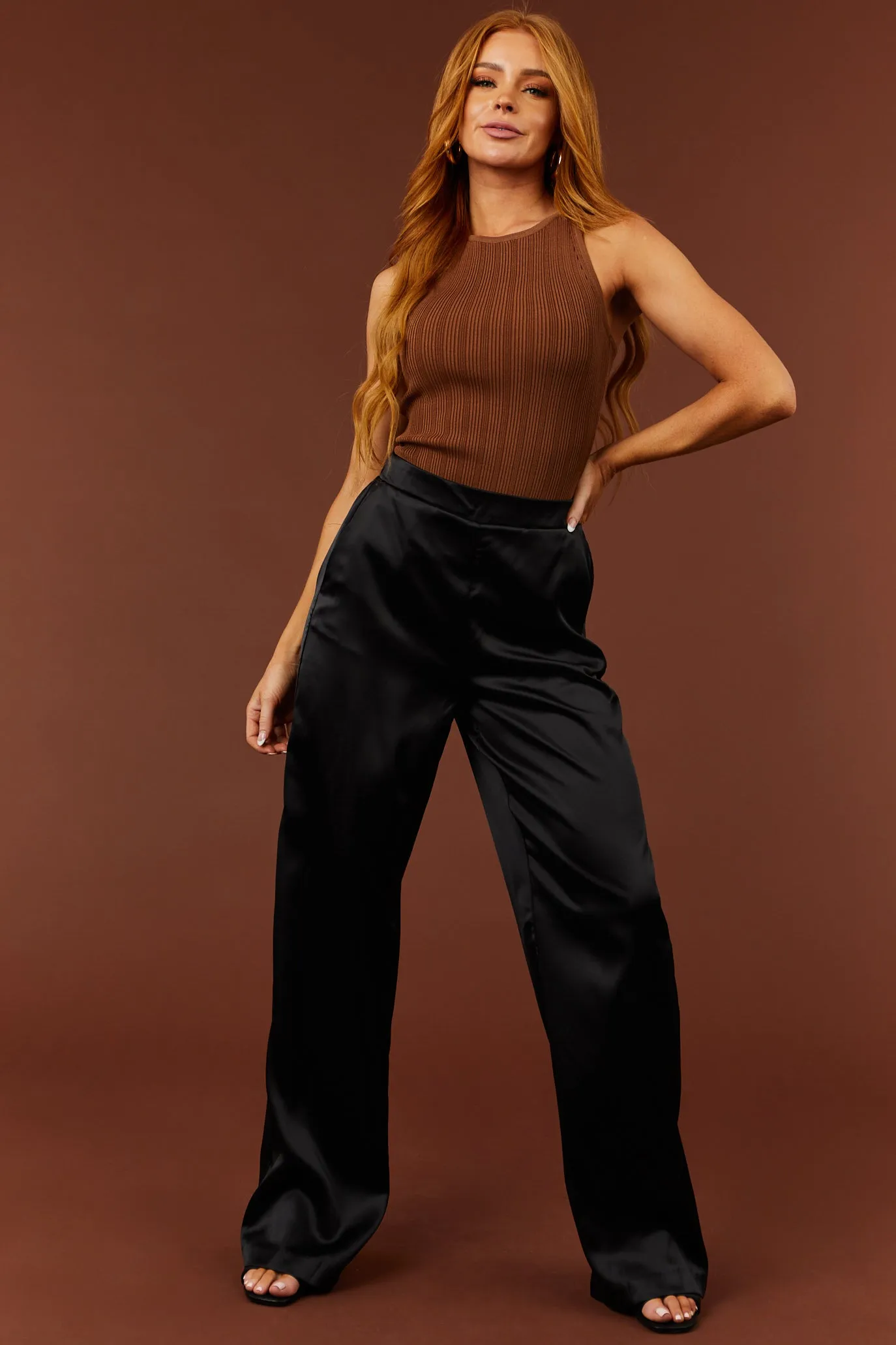 Black High Waist Satin Smocked Waist Pants sold by Lime Lush product image thumbnail 5