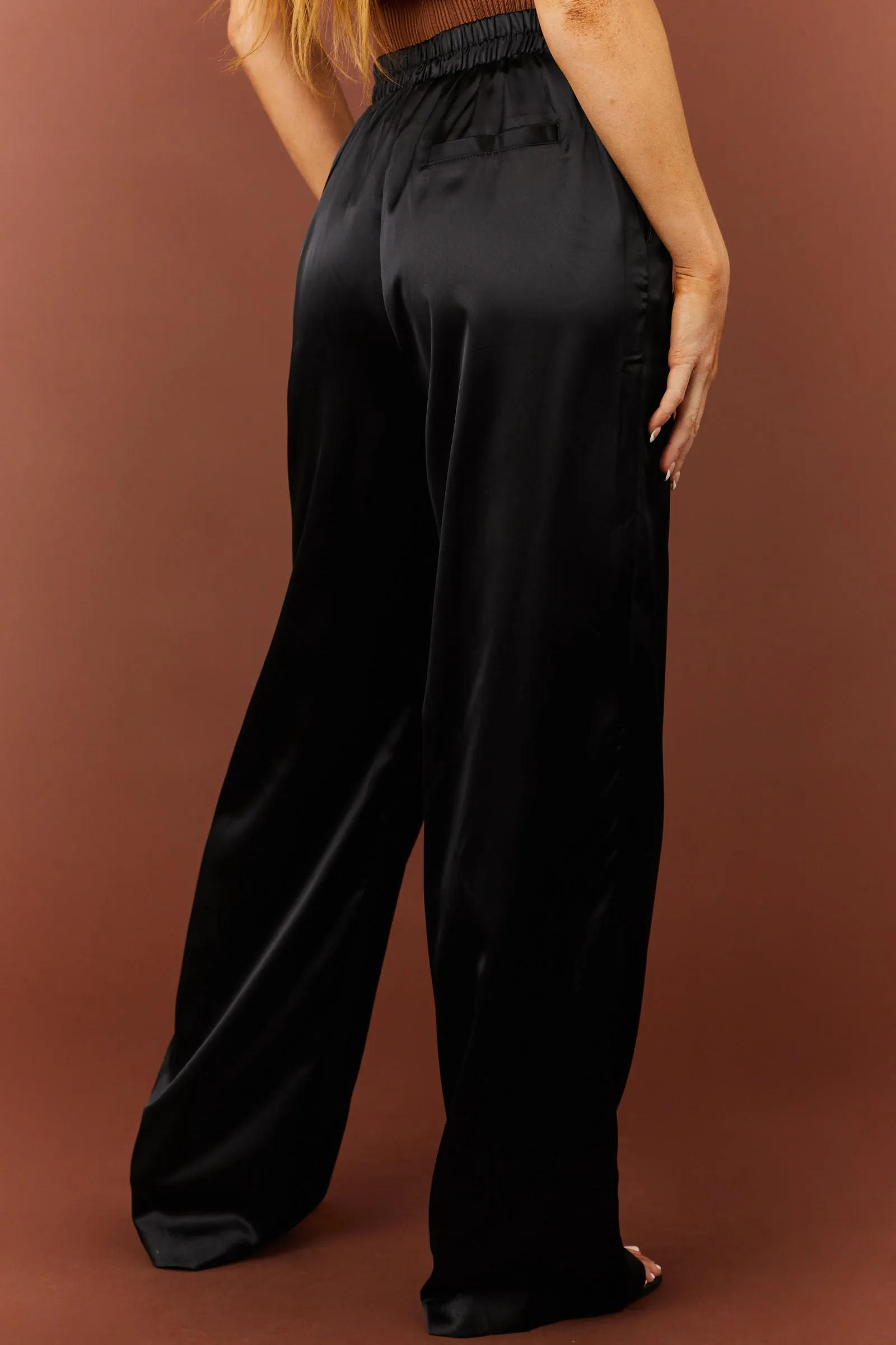 Black High Waist Satin Smocked Waist Pants sold by Lime Lush product image thumbnail 3