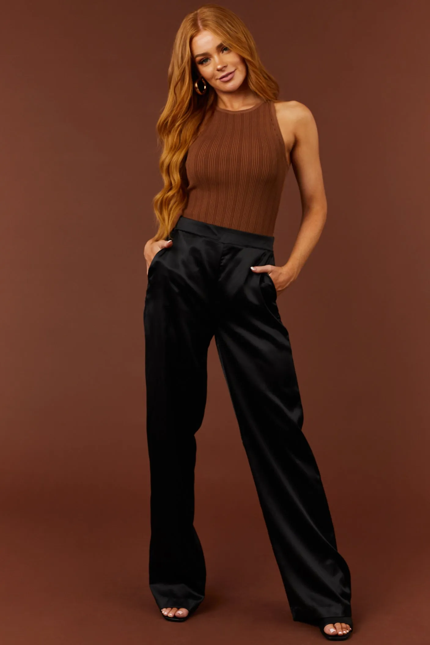 Black High Waist Satin Smocked Waist Pants sold by Lime Lush product image thumbnail 4