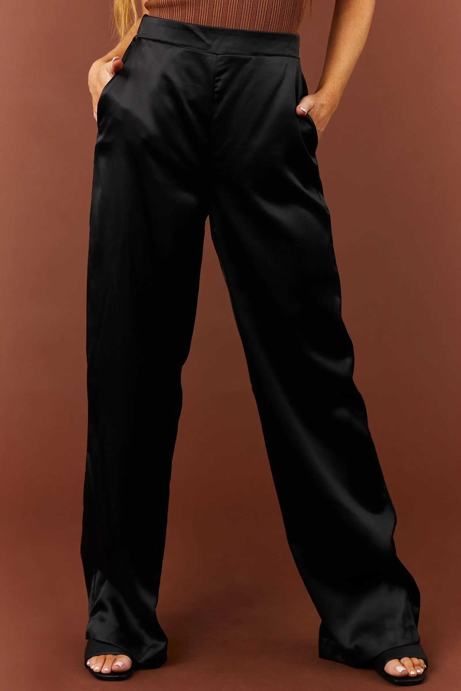 Black High Waist Satin Smocked Waist Pants sold by Lime Lush product image thumbnail 2