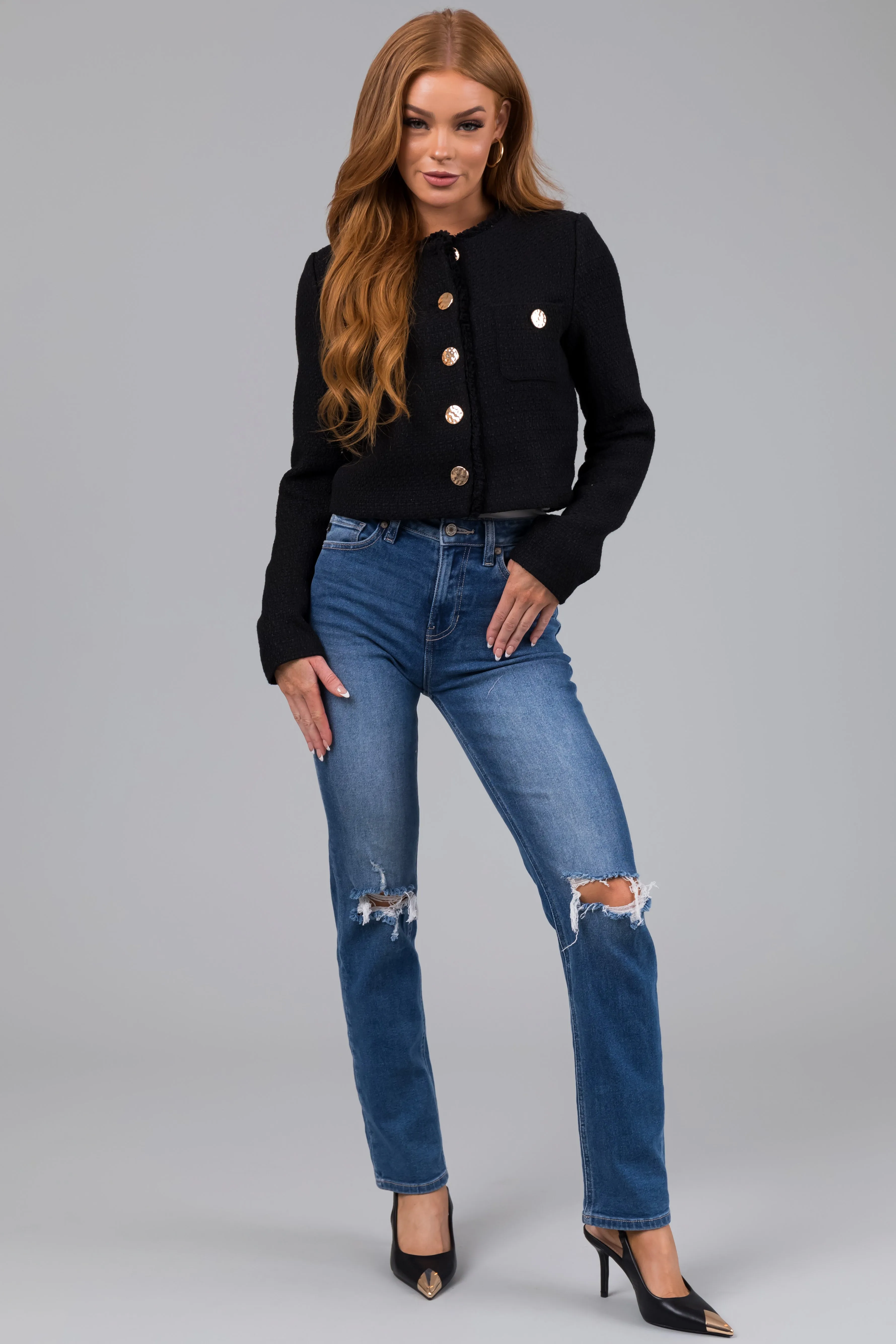 Black Tweed Cropped Button Long Sleeve Jacket sold by Lime Lush product image thumbnail 3