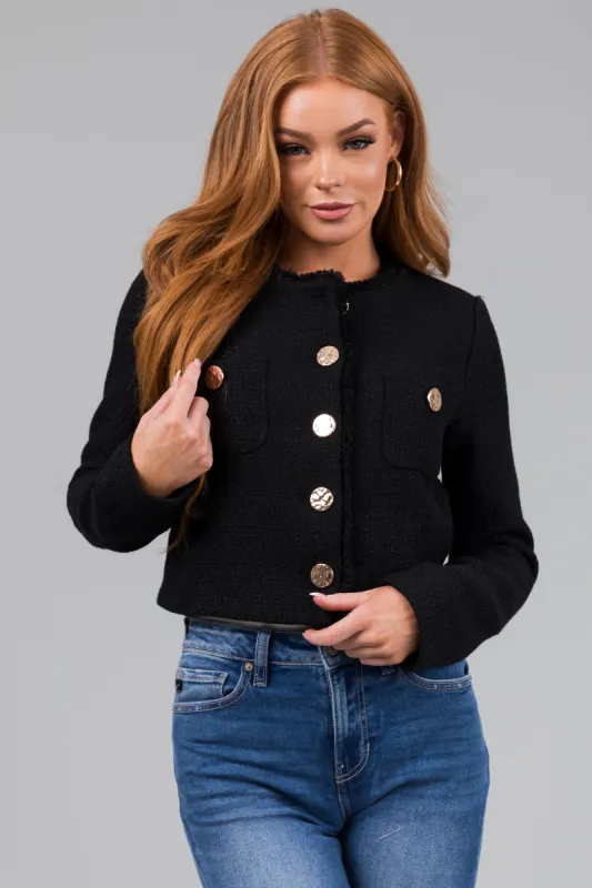 Black Tweed Cropped Button Long Sleeve Jacket sold by Lime Lush