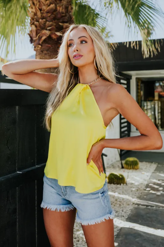 She+Sky Neon Yellow Chain Halter Neck Satin Blouse sold by Lime Lush