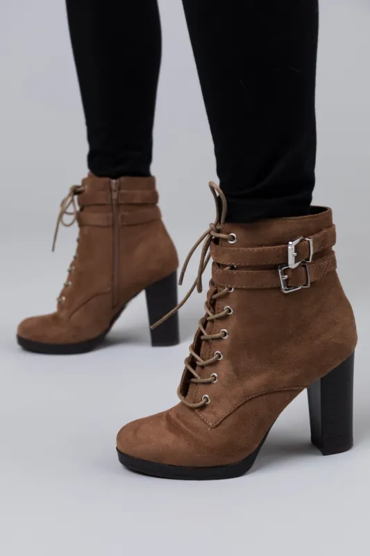 Milk Chocolate Faux Suede Lace Up High Heel Booties sold by Lime Lush