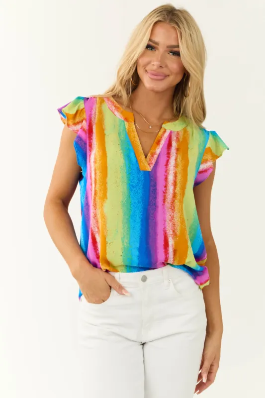 Rainbow Striped Notch Neck Ruffle Sleeve Top sold by Lime Lush