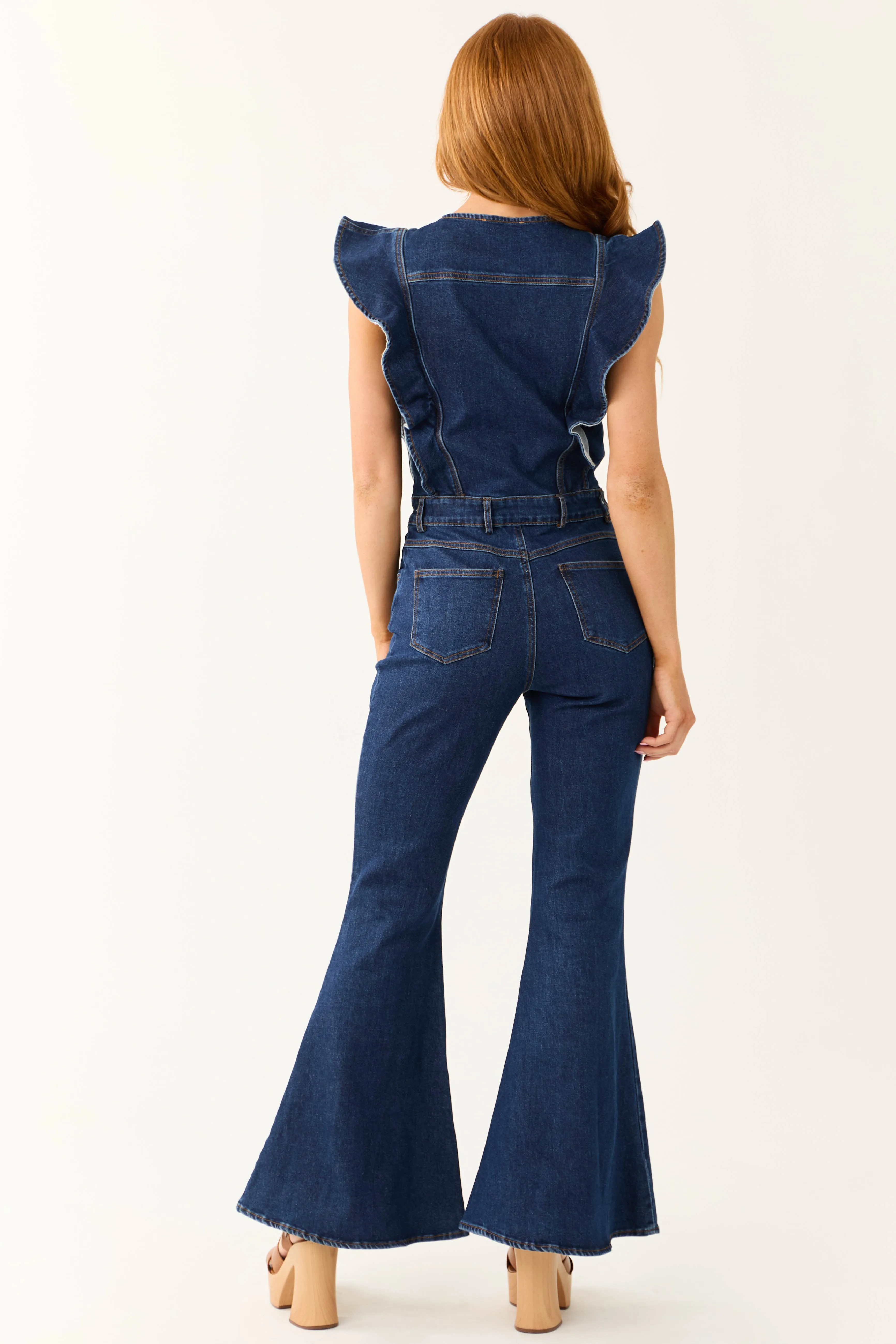 Dark Wash Denim Ruffle Bell Bottom Jumpsuit sold by Lime Lush product image thumbnail 5