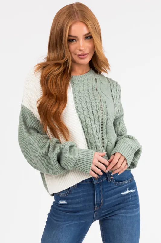 Sage and Ivory Colorblock Cable Knit Sweater sold by Lime Lush