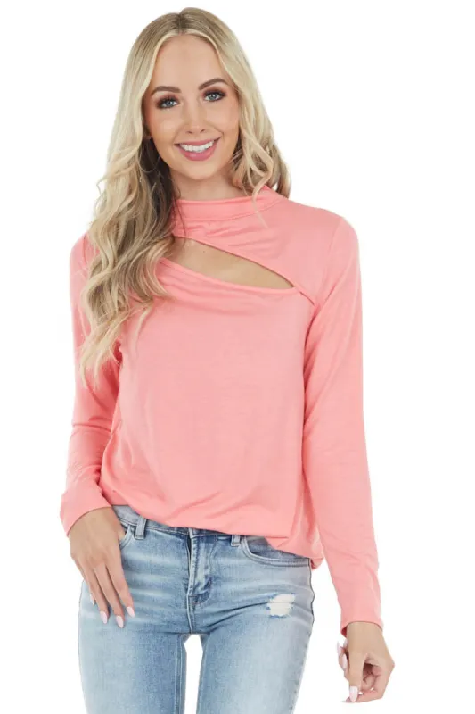 Coral Chest Cut Out Stretchy Knit Top with Long Sleeves sold by Lime Lush