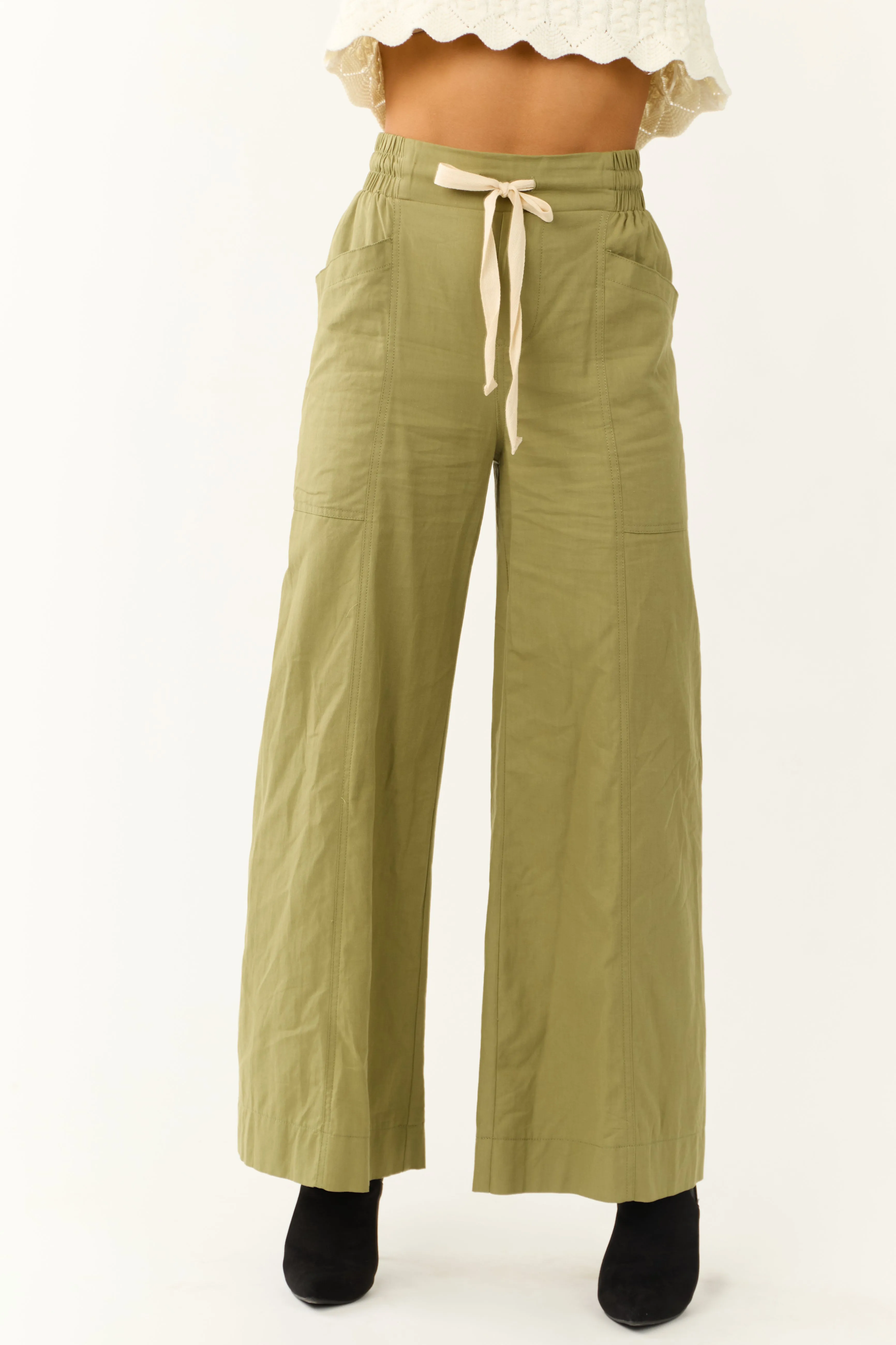 Dark Pistachio Wide Leg Drawstring Waist Pants sold by Lime Lush product image thumbnail 2