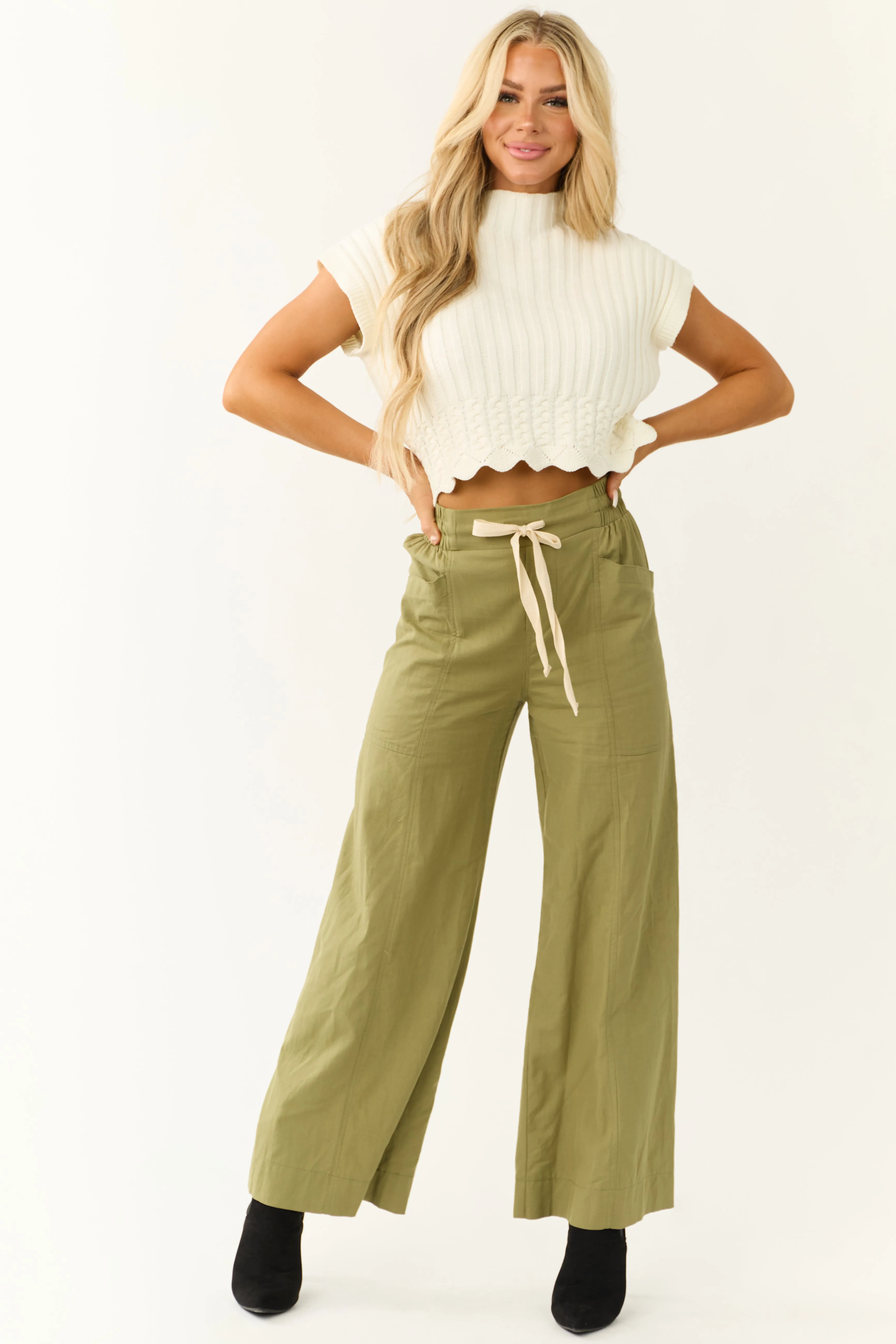 Dark Pistachio Wide Leg Drawstring Waist Pants sold by Lime Lush product image thumbnail 5