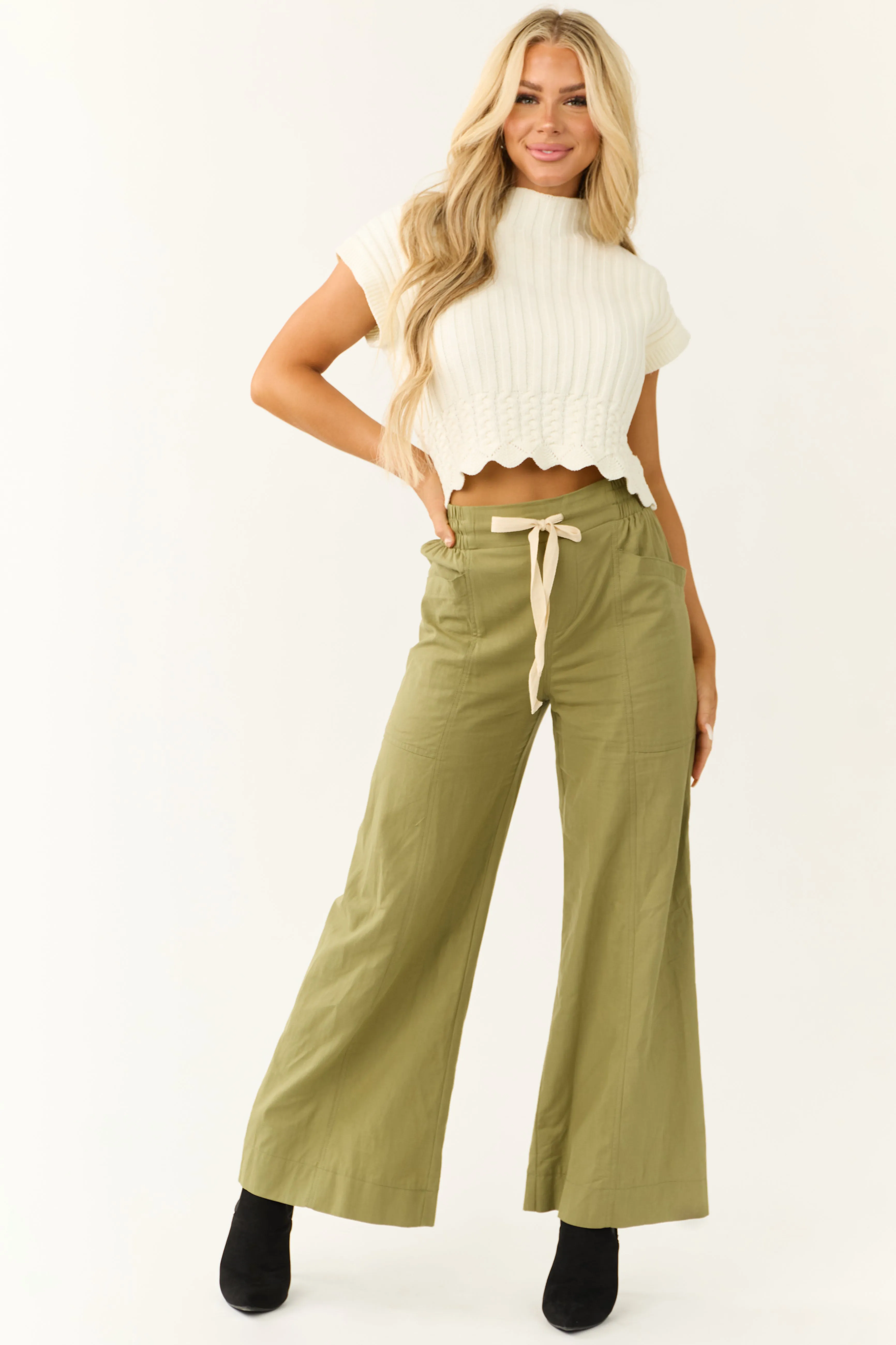 Dark Pistachio Wide Leg Drawstring Waist Pants sold by Lime Lush
