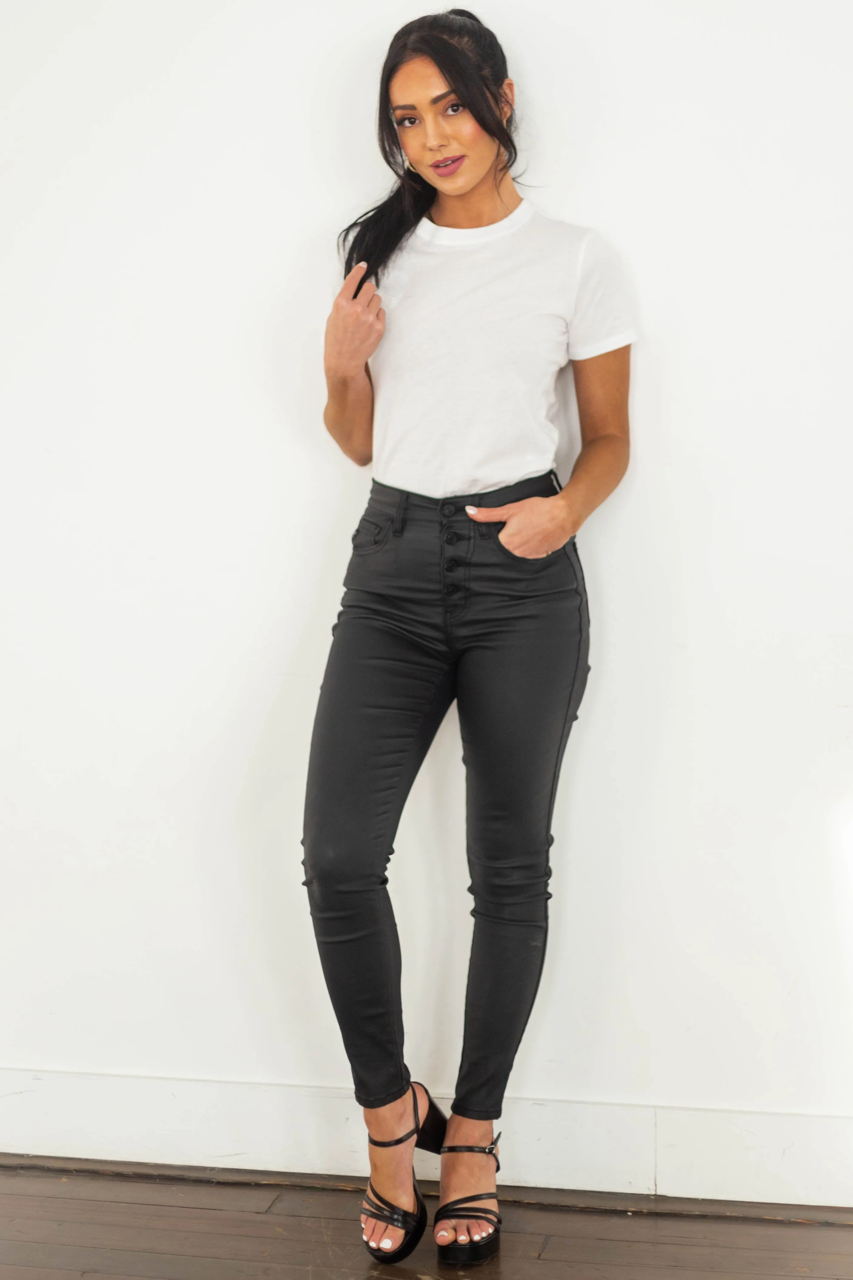 KanCan Black High Rise Button Fly Coated Pants sold by Lime Lush product image thumbnail 2