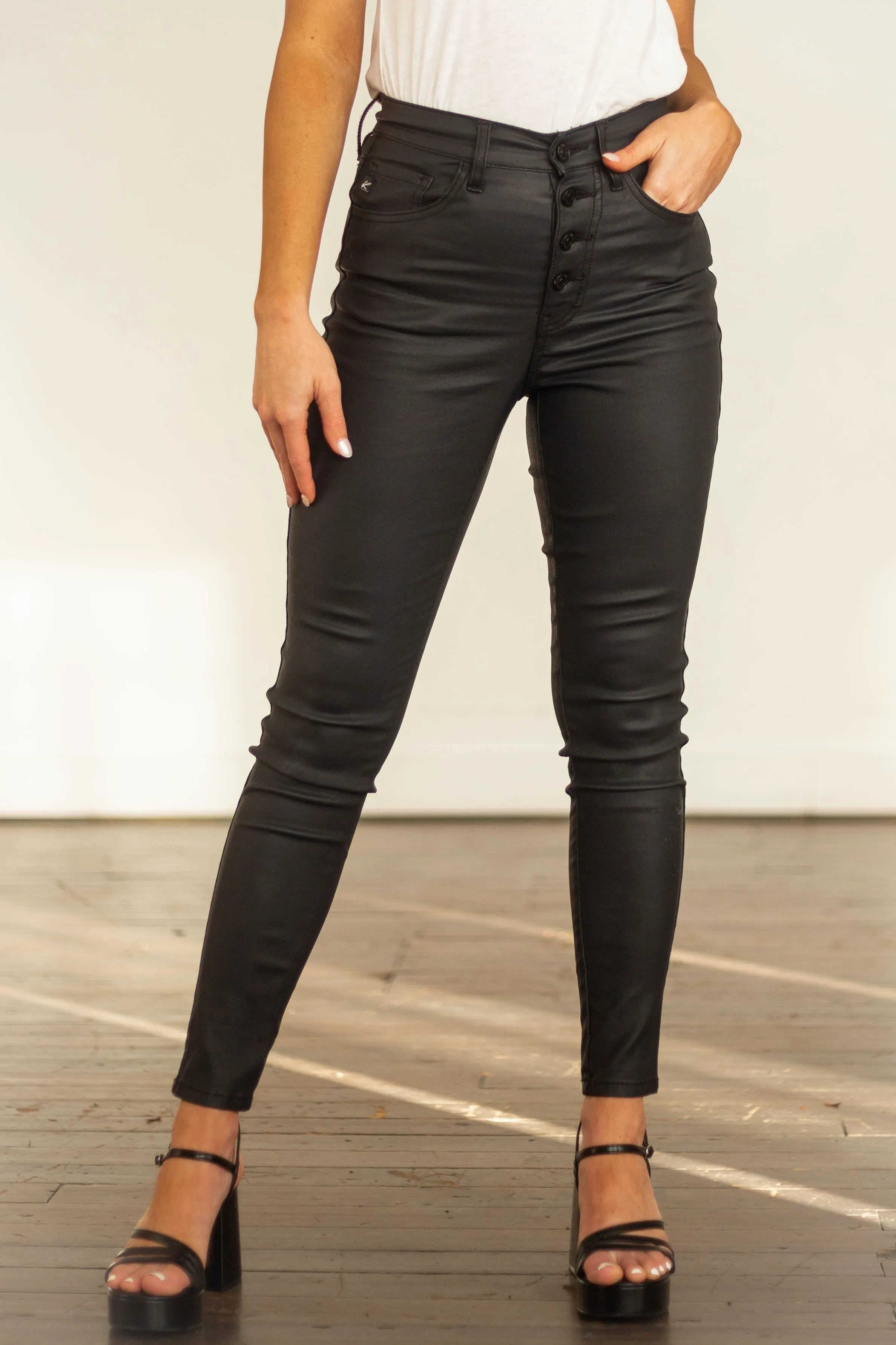 KanCan Black High Rise Button Fly Coated Pants sold by Lime Lush product image thumbnail 3