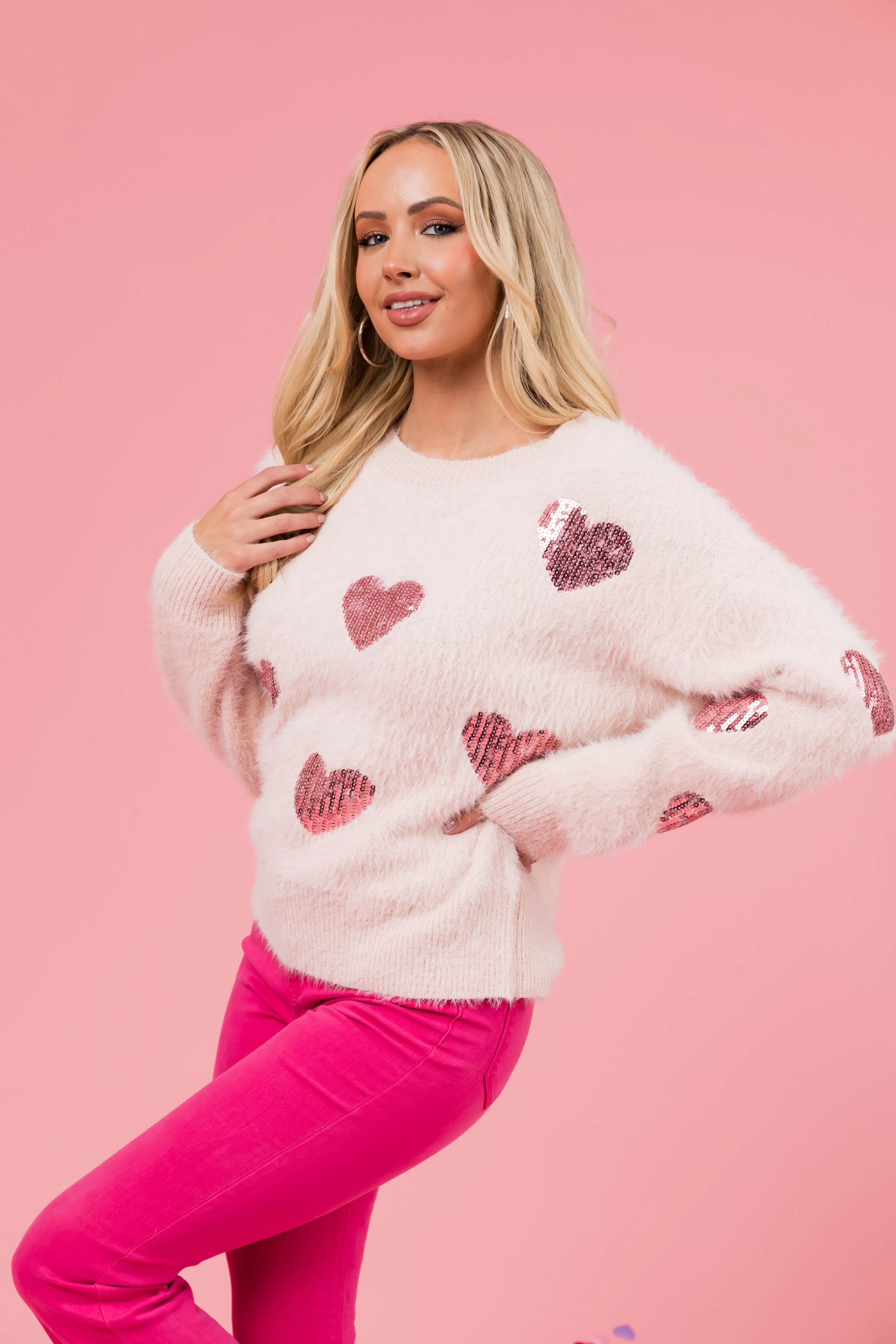 Blush Sequin Heart Fuzzy Sweater sold by Lime Lush product image thumbnail 4