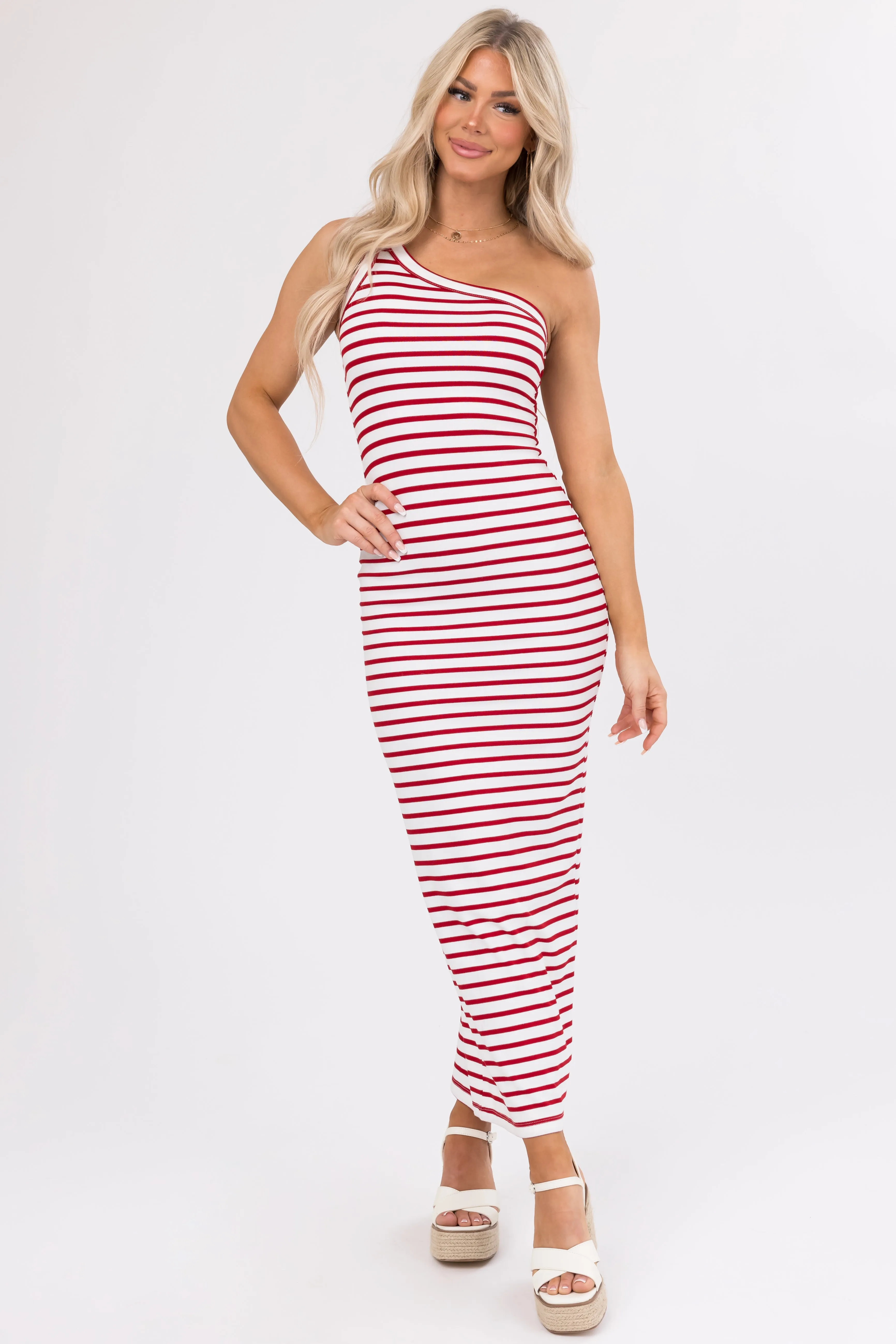 Cherry and White Striped One Shoulder Dress sold by Lime Lush product image thumbnail 2