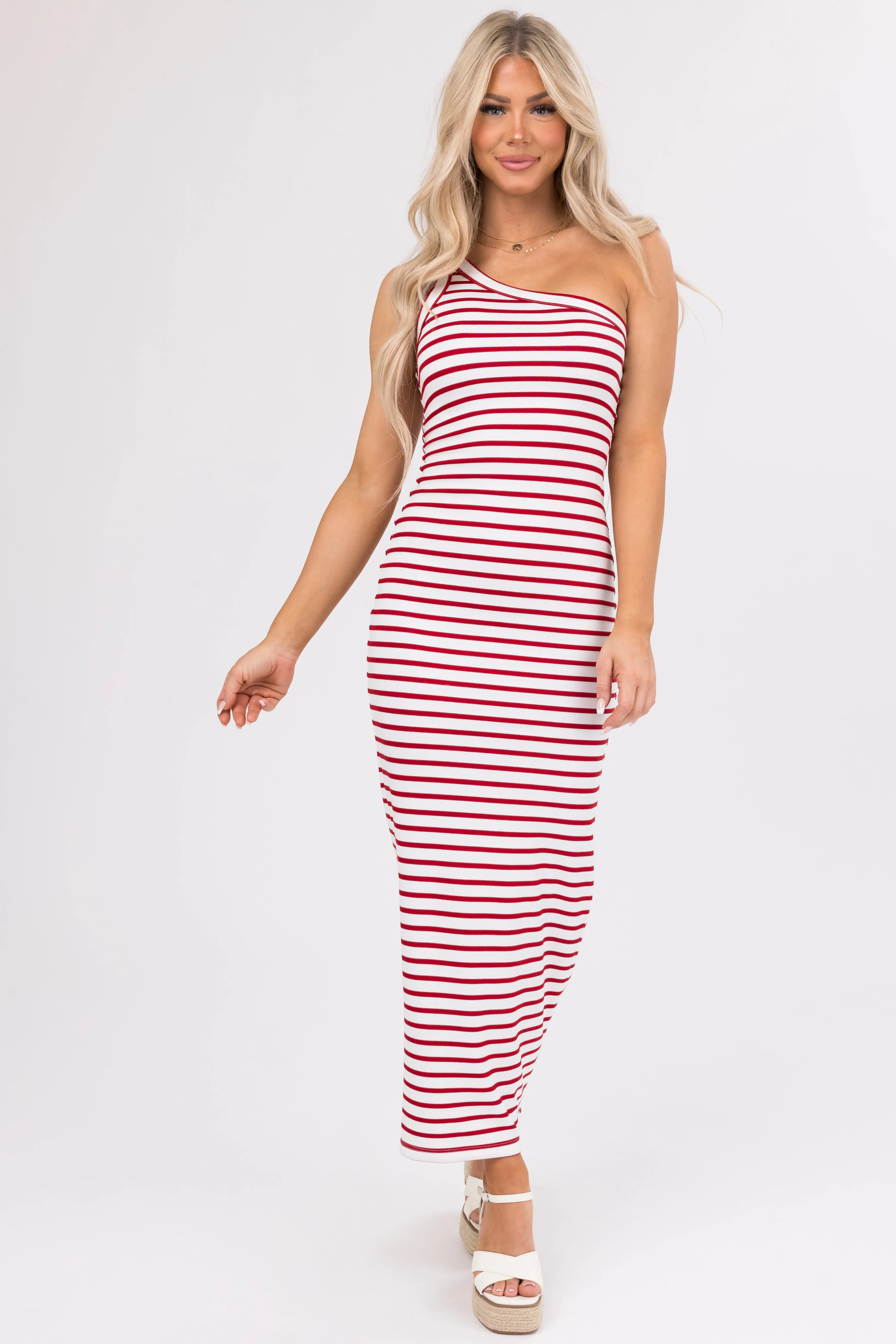 Cherry and White Striped One Shoulder Dress sold by Lime Lush product image thumbnail 3