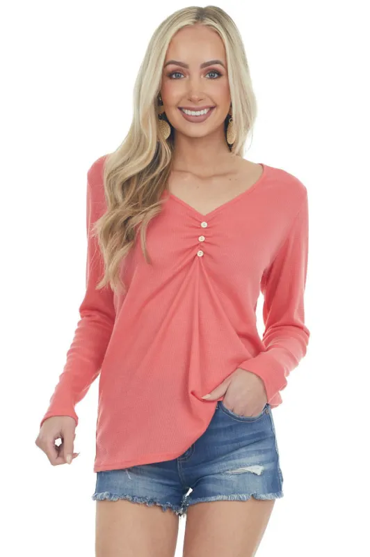 Rich Coral Waffle Knit Top with Button Detail sold by Lime Lush