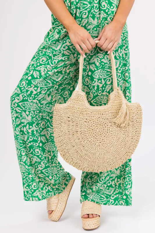 Ivory Semi Circle Straw Tote Bag sold by Lime Lush