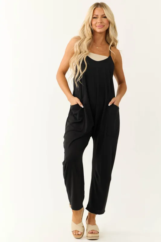 Black Sleeveless Front Pocket Loose Jumpsuit sold by Lime Lush