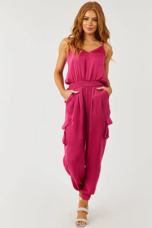 Magenta Sleeveless Smocked Waist Cargo Jumpsuit sold by Lime Lush