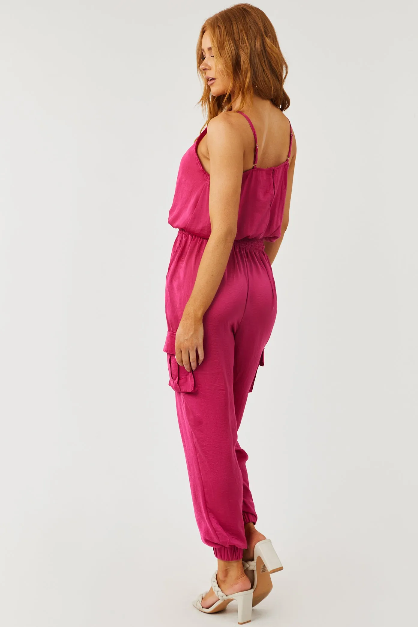 Magenta Sleeveless Smocked Waist Cargo Jumpsuit sold by Lime Lush product image thumbnail 4