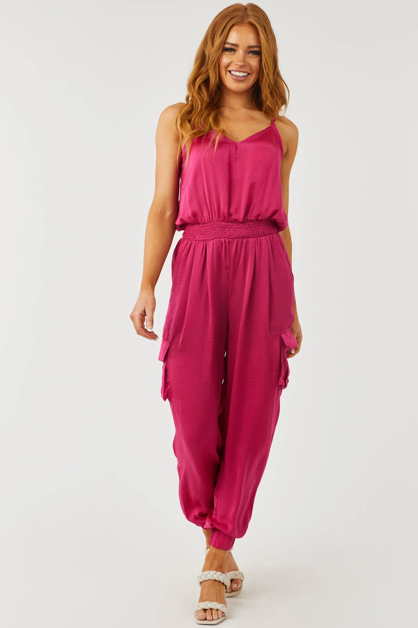 Magenta Sleeveless Smocked Waist Cargo Jumpsuit sold by Lime Lush product image thumbnail 2