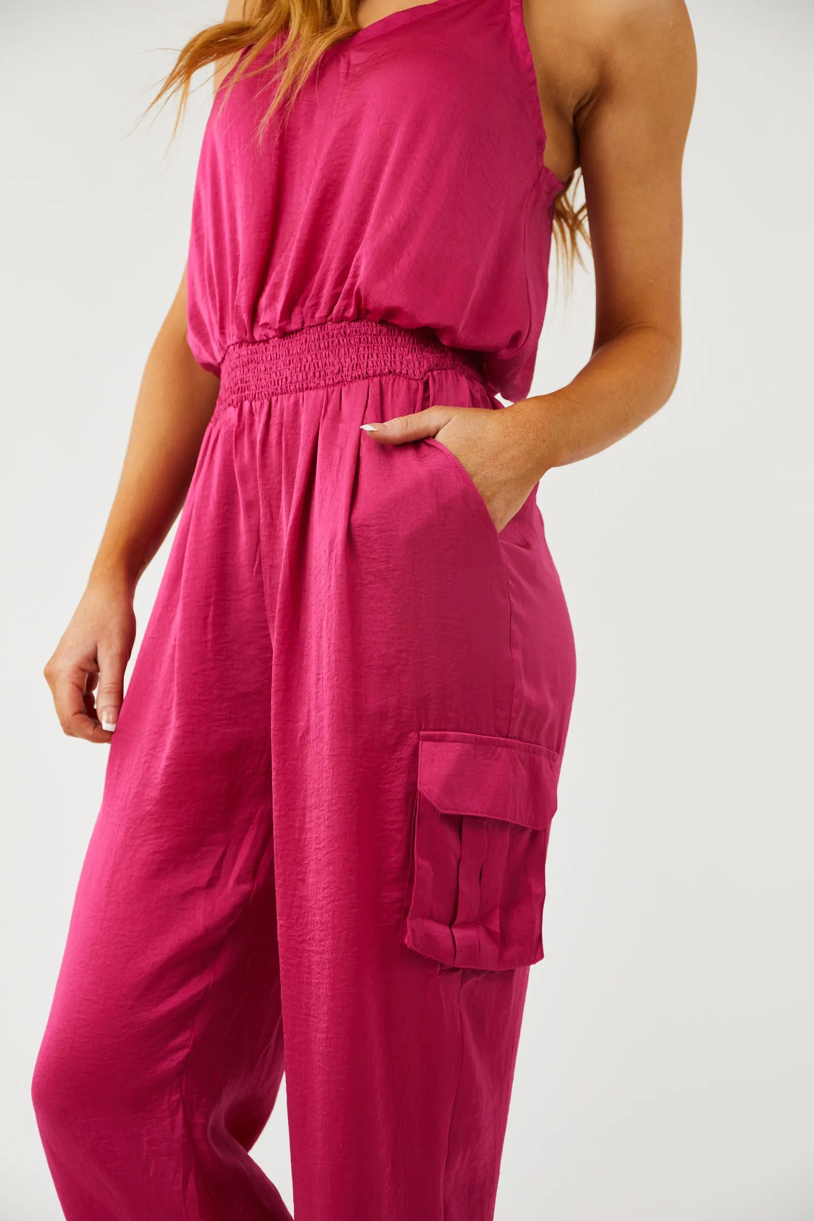 Magenta Sleeveless Smocked Waist Cargo Jumpsuit sold by Lime Lush product image thumbnail 5