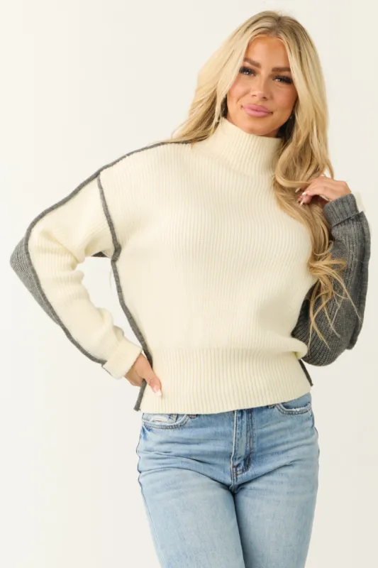 Cream and Graphite Colorblock Mock Neck Sweater sold by Lime Lush