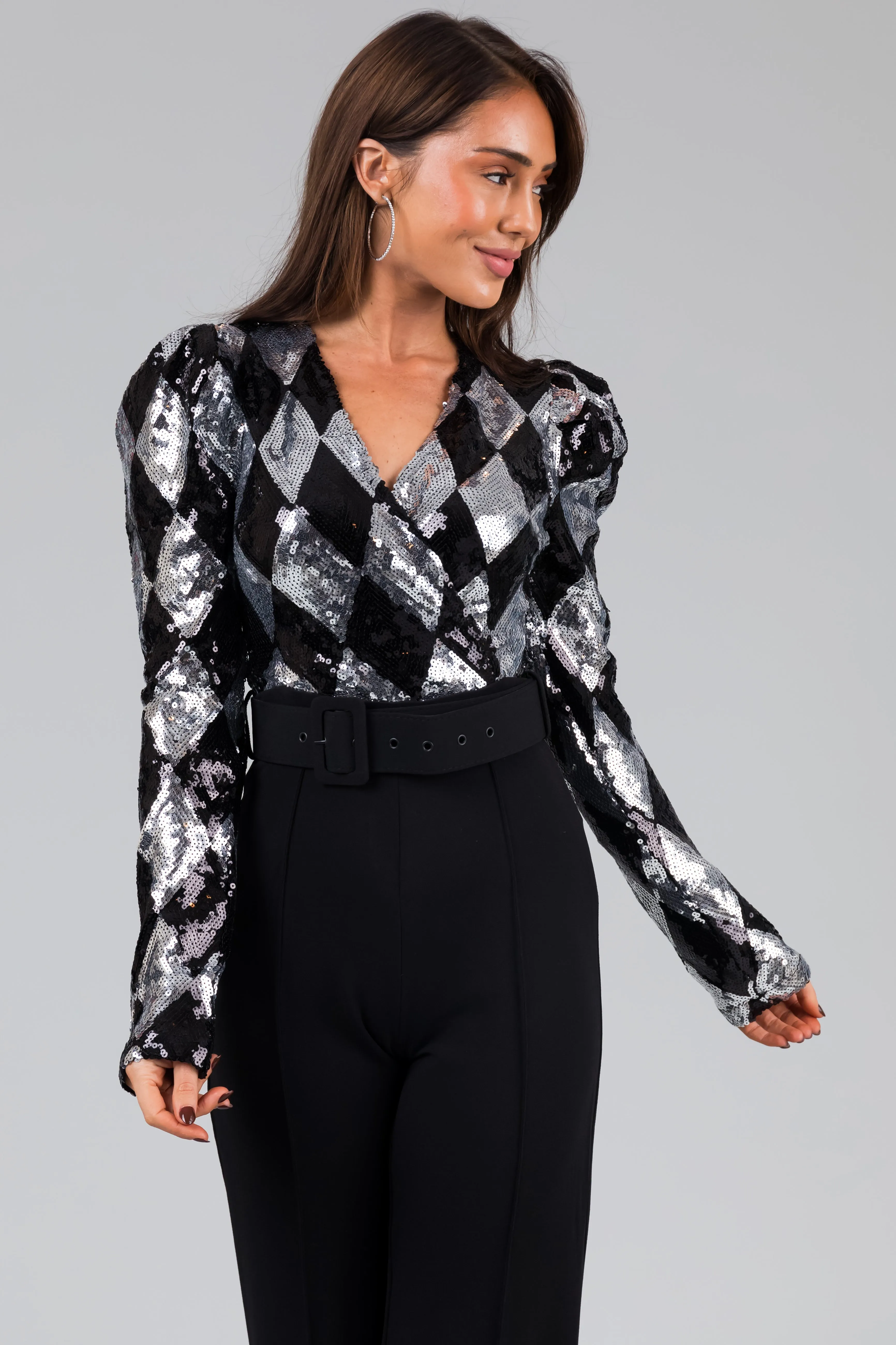 Black and Silver Rhombus Sequin Print Jumpsuit sold by Lime Lush product image thumbnail 5