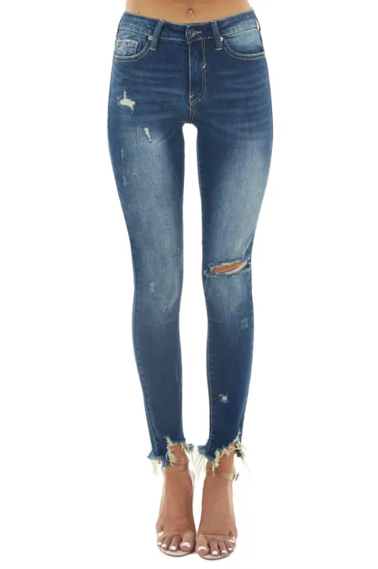 Special A Dark Wash Mid Rise Skinny Jeans with Shark Bite Hem sold by Lime Lush