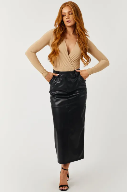 Black Faux Leather Back Slit Midi Skirt sold by Lime Lush