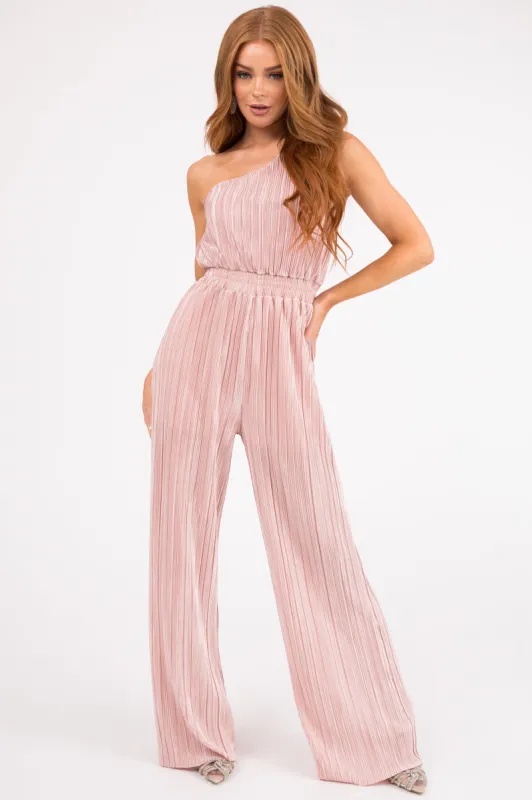 Vera Tea Rose Pleated One Shoulder Smocked Waist Jumpsuit sold by Lime Lush