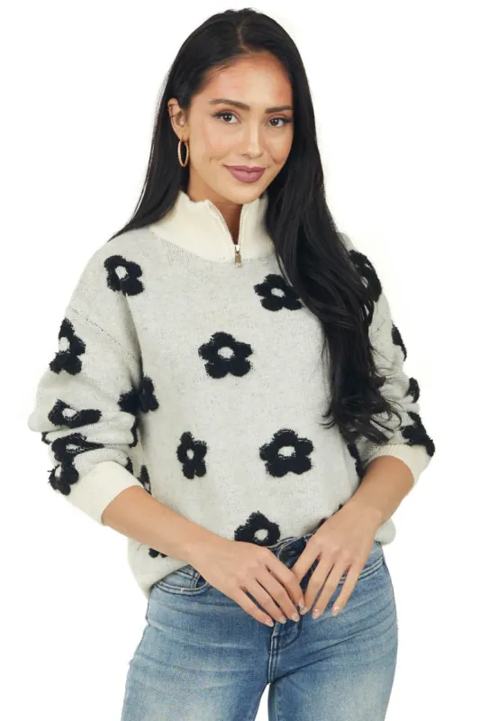 Black Floral Print Zip Up Mock Neckline Sweater sold by Lime Lush
