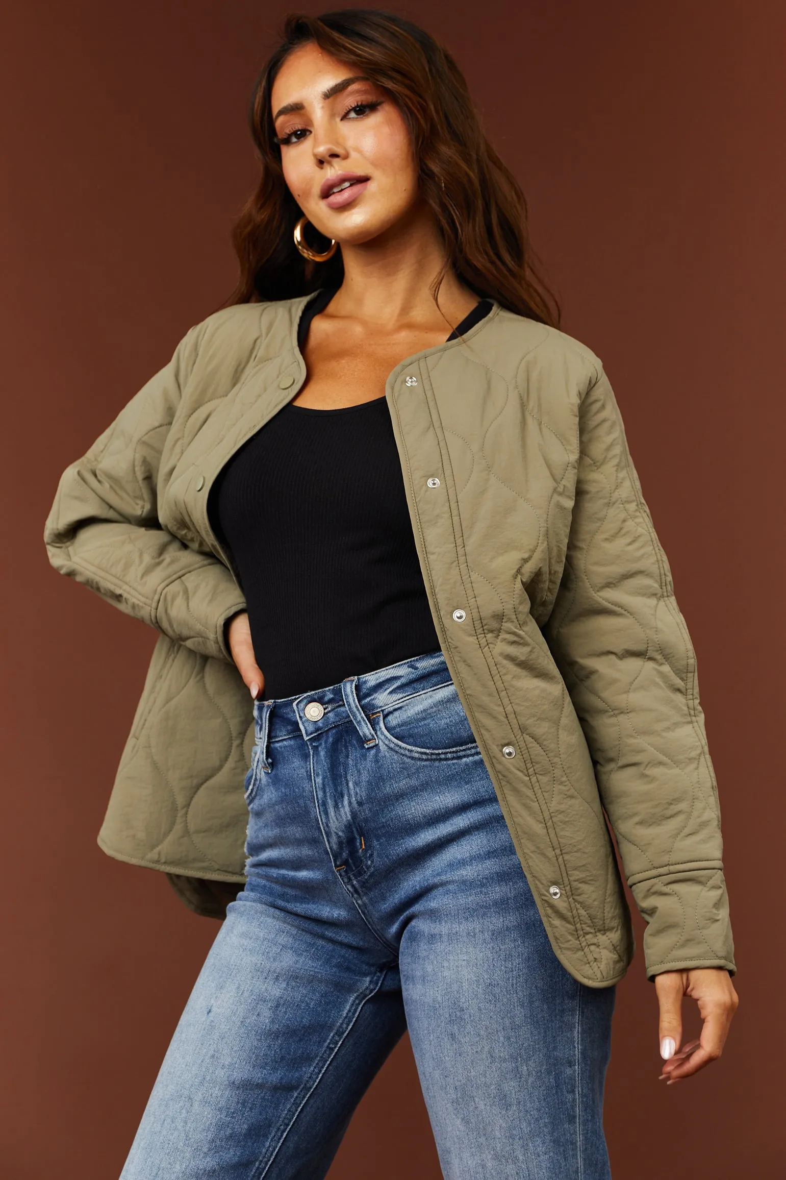 She+Sky Olive Long Sleeve Button Down Quilted Jacket sold by Lime Lush product image thumbnail 4
