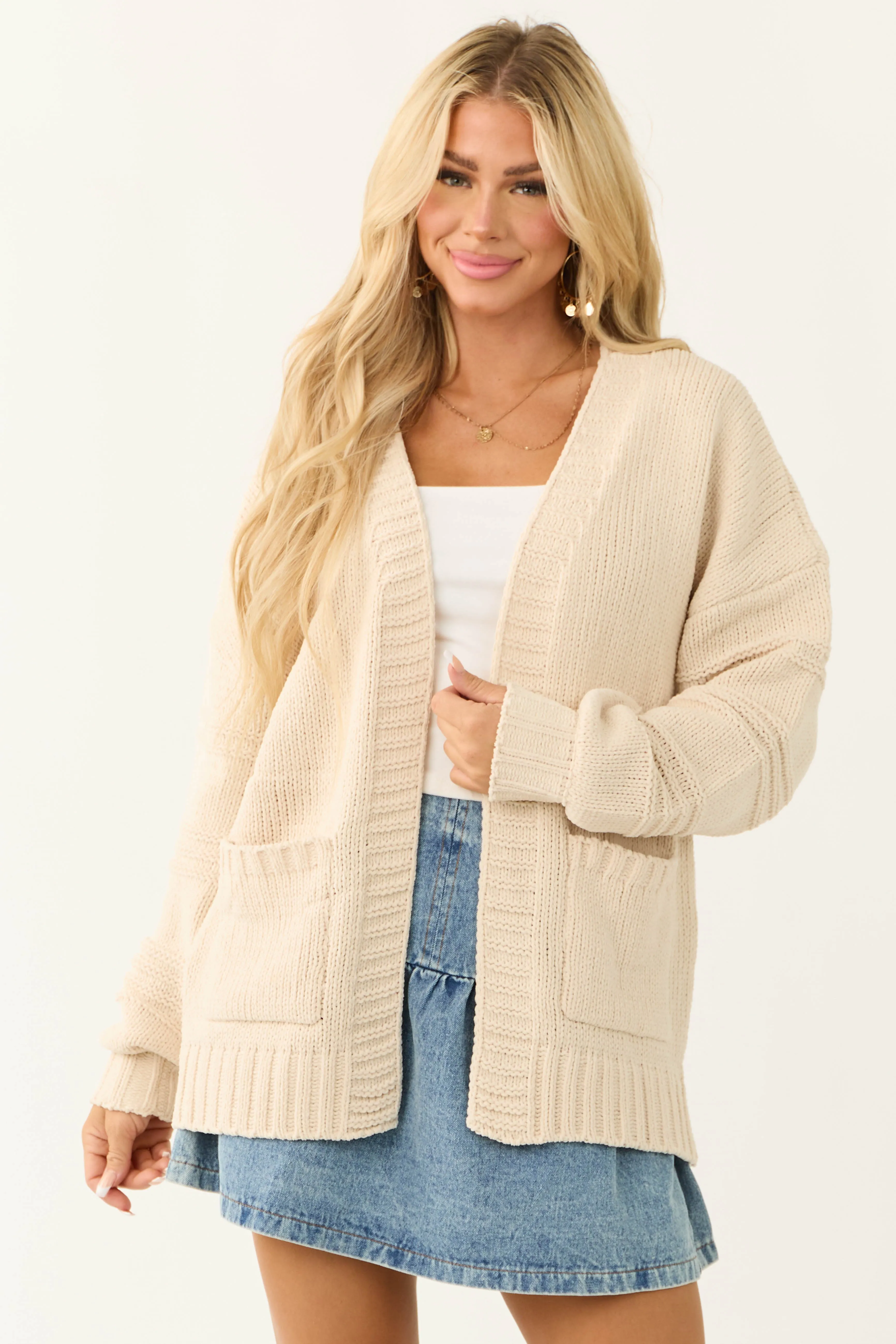 Vanilla Textured Sleeve Open Chenille Cardigan sold by Lime Lush product image thumbnail 2