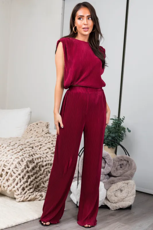 Burgundy Plisse Elastic Waistband Flowy Pants sold by Lime Lush