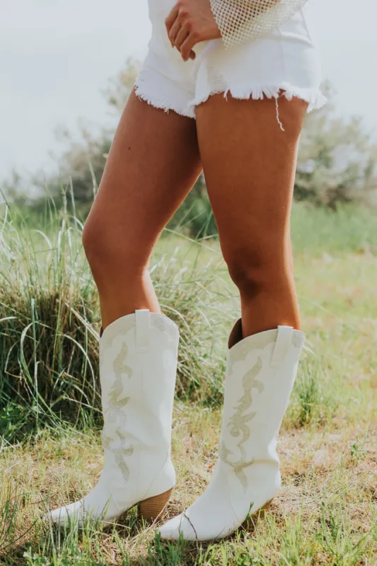 White Rhinestone Embellished Western Boots sold by Lime Lush