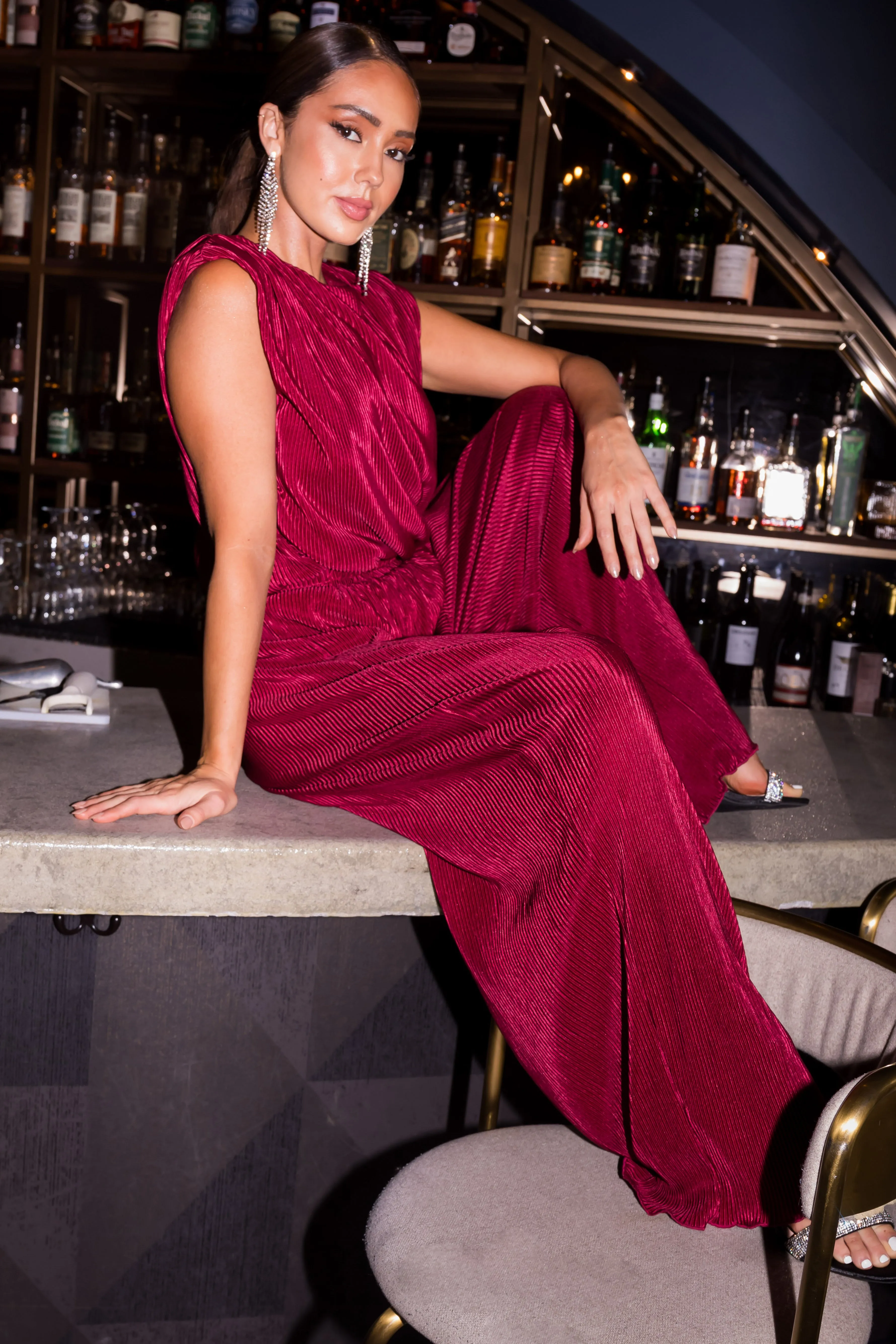 Burgundy Plisse Elastic Waistband Flowy Pants sold by Lime Lush product image thumbnail 5